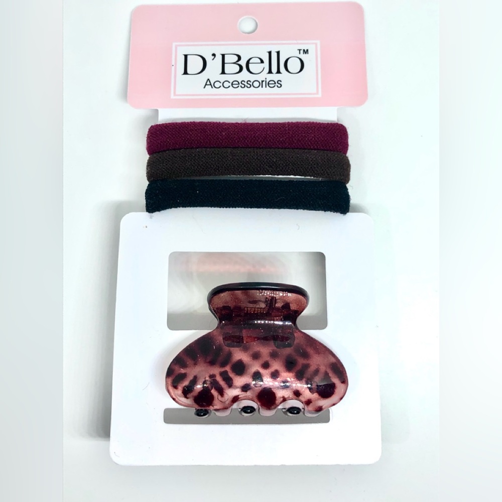 D’Bello Purple Animal Print Mini Hair Claw + Brown Black 3 Stretch Hair Tie Set